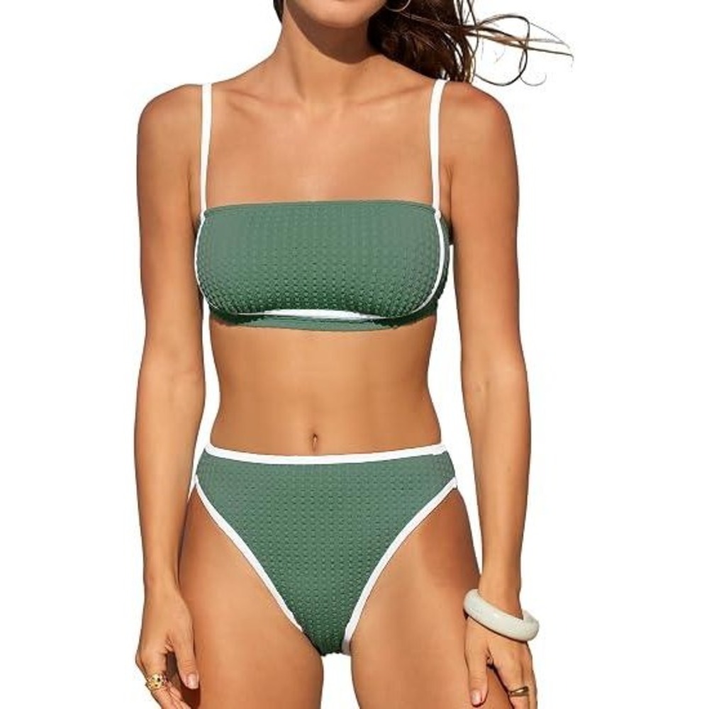 Cupshe‎ Bikini Set Olive Green Textured High Waisted Two Piece Swimsuit NWT L
